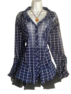 Eden & Olivia Plus 2X Navy Windowpane Sheer Button Up Blouse Whimsigoth Office
